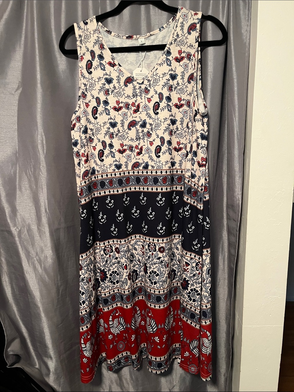 Source Unknown Red, Navy & Cream Printed Sleeveless Midi Dress